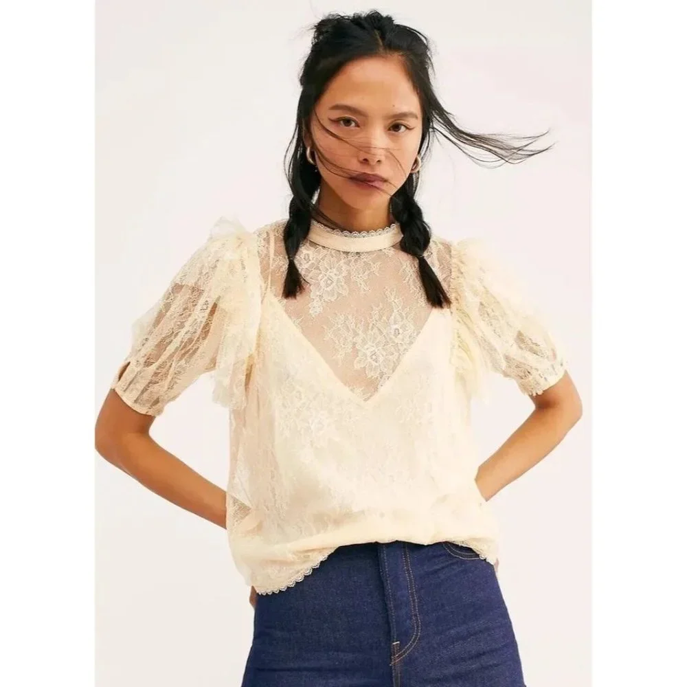 Free People‎ women's XS cream overlay lace puff high neck sleeve blouse